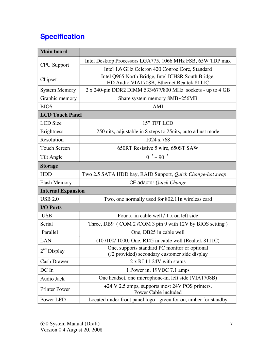 Intel J2 650 system manual Specification, CF adapter Quick Change 