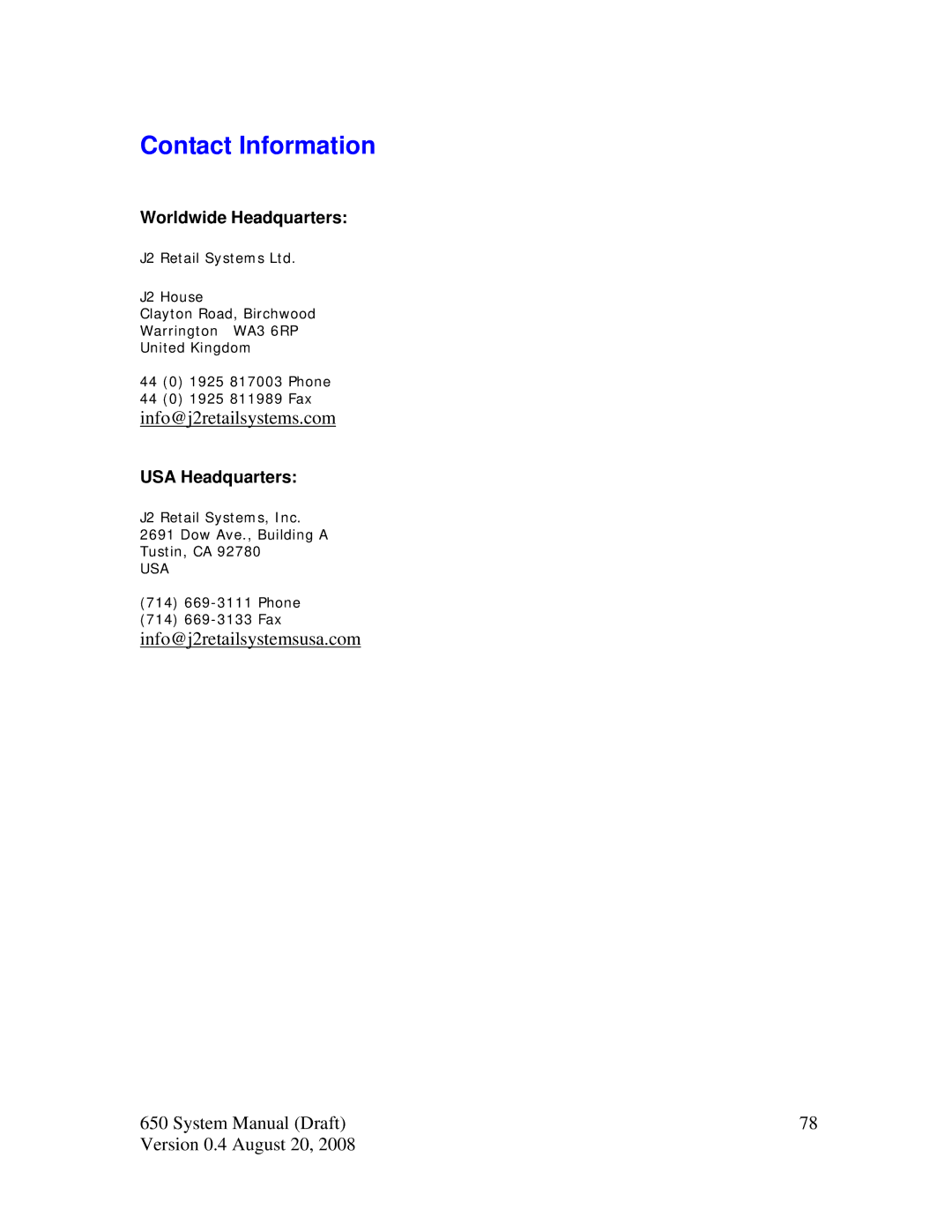 Intel J2 650 system manual Contact Information, Worldwide Headquarters 