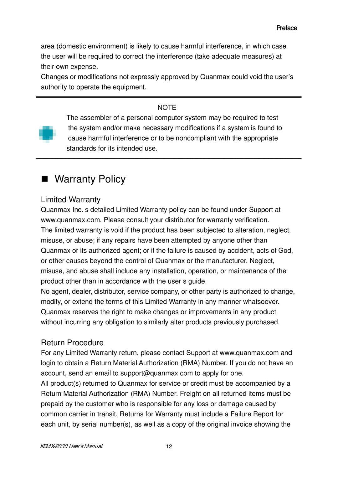 Intel KEMX-2030 user manual „ Warranty Policy, Limited Warranty, Return Procedure 