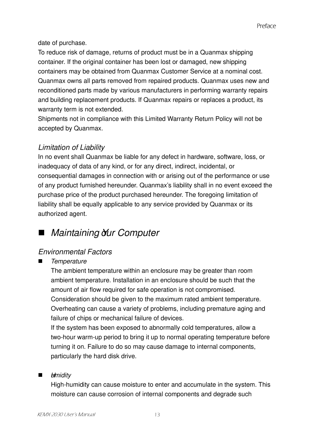 Intel KEMX-2030 „ Maintaining Your Computer, Limitation of Liability, Environmental Factors, „ Temperature, „ Humidity 