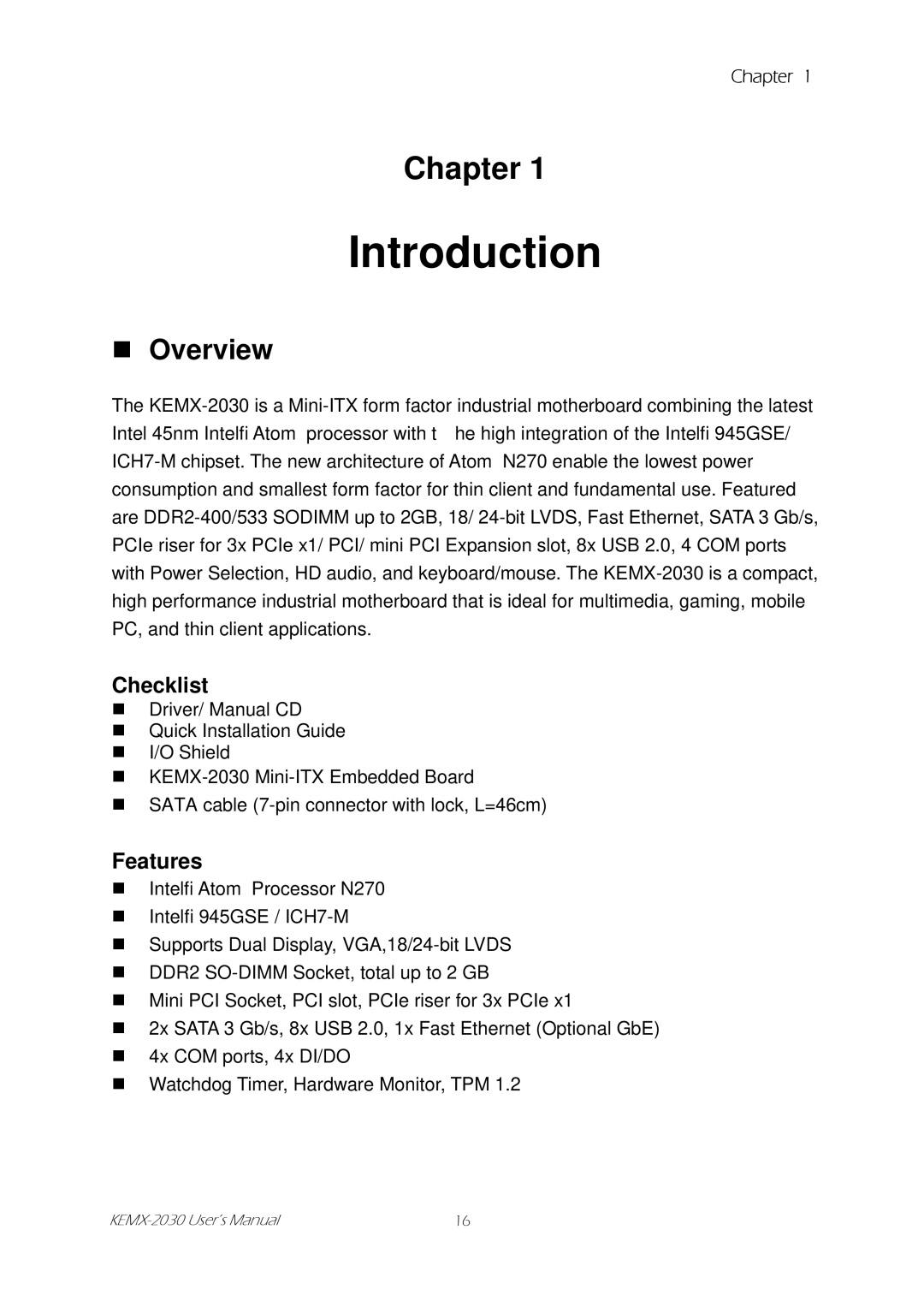 Intel KEMX-2030 user manual Introduction, „ Overview, Checklist, Features 