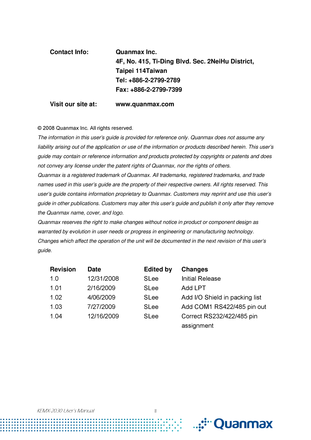 Intel KEMX-2030 user manual Revision Date Edited by Changes, Quanmax Inc. All rights reserved 