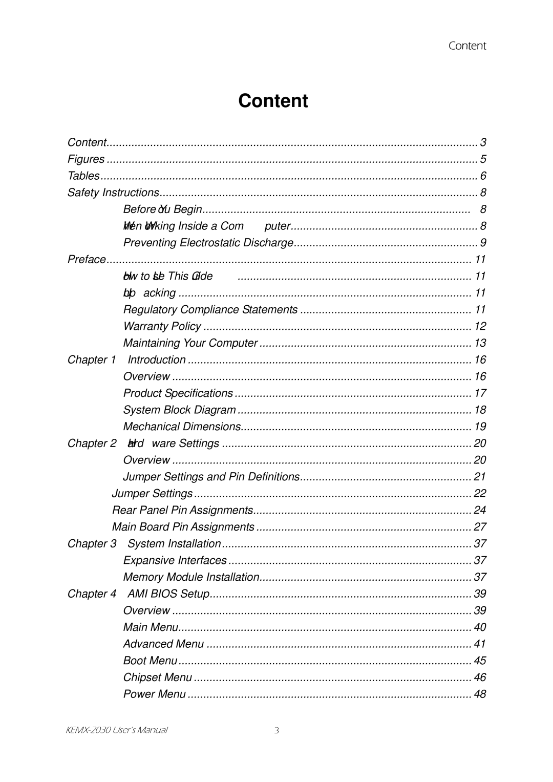 Intel KEMX-2030 user manual Content 