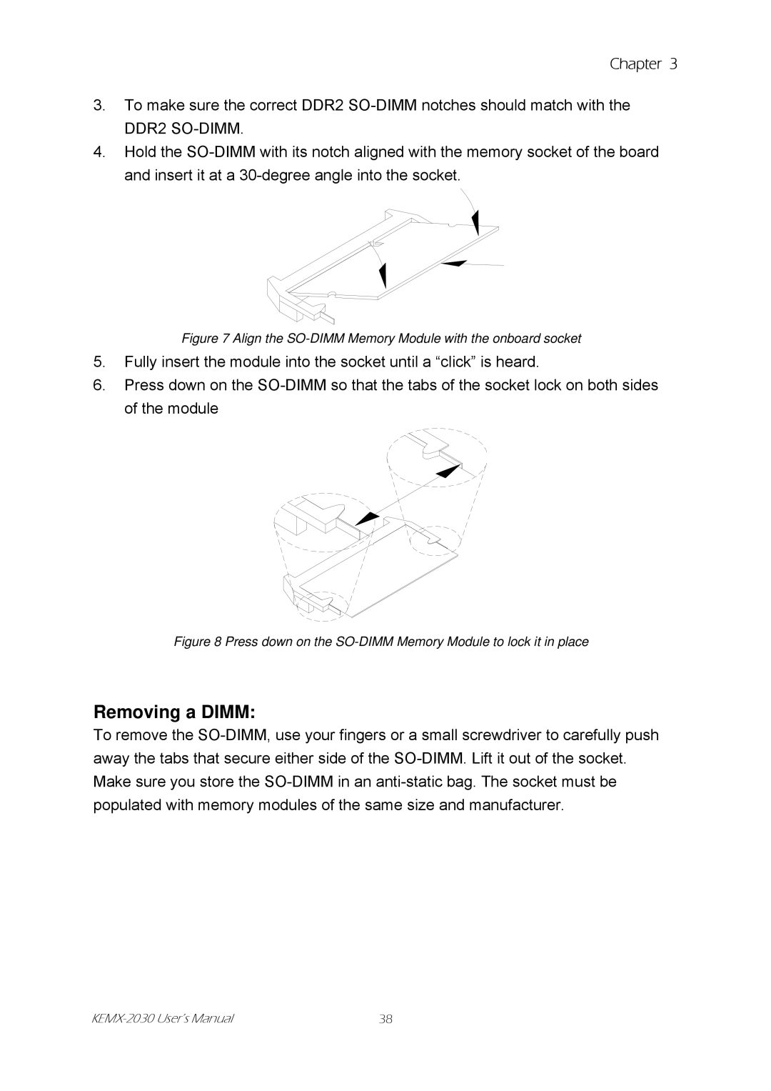 Intel KEMX-2030 user manual Removing a Dimm, Align the SO-DIMM Memory Module with the onboard socket 