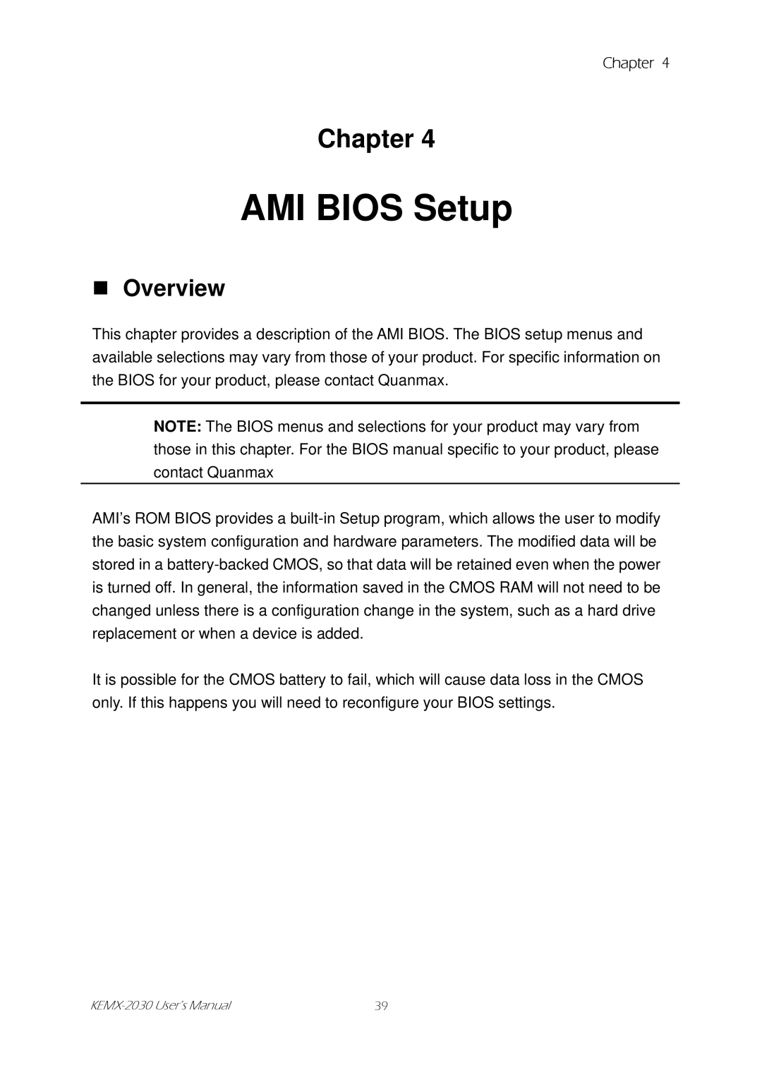 Intel KEMX-2030 user manual AMI Bios Setup, „ Overview 