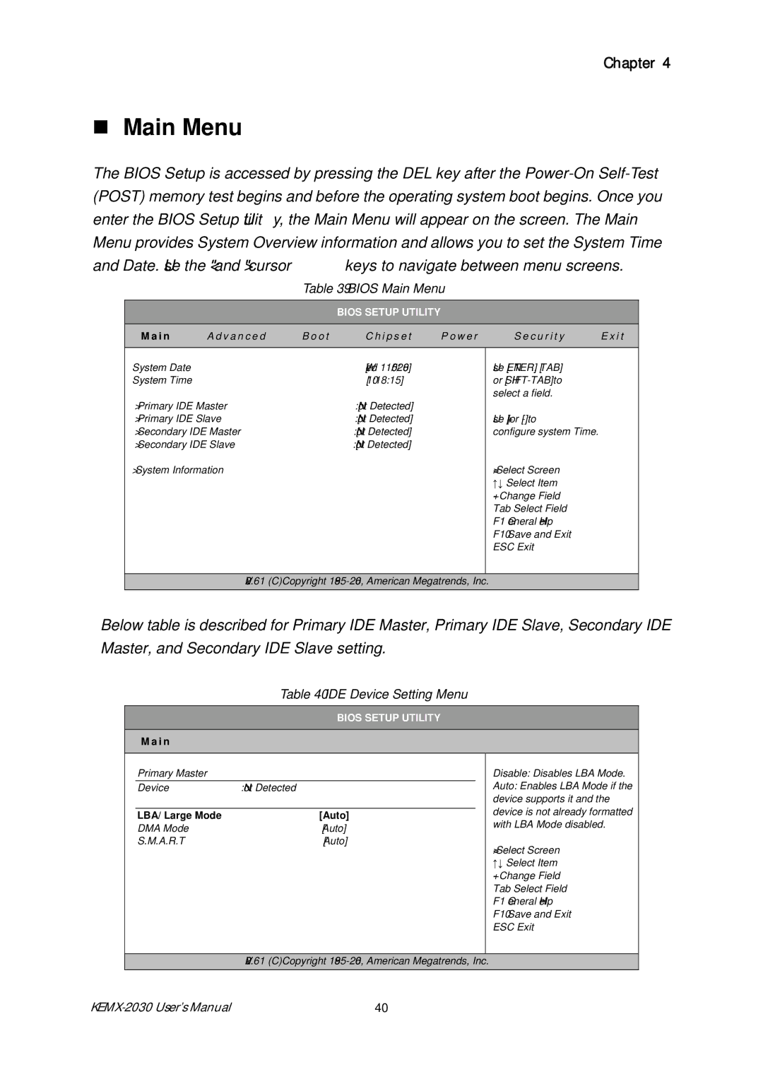 Intel KEMX-2030 user manual „ Main Menu, Bios Main Menu, IDE Device Setting Menu, I n, LBA/ Large Mode Auto 