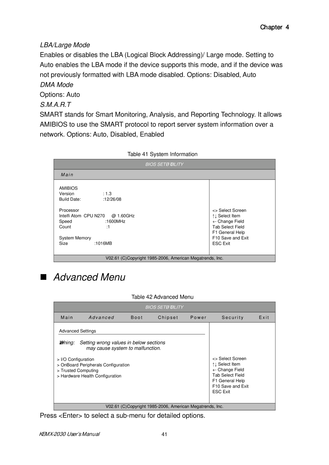 Intel KEMX-2030 user manual „ Advanced Menu, LBA/ Large Mode, DMA Mode, System Information 