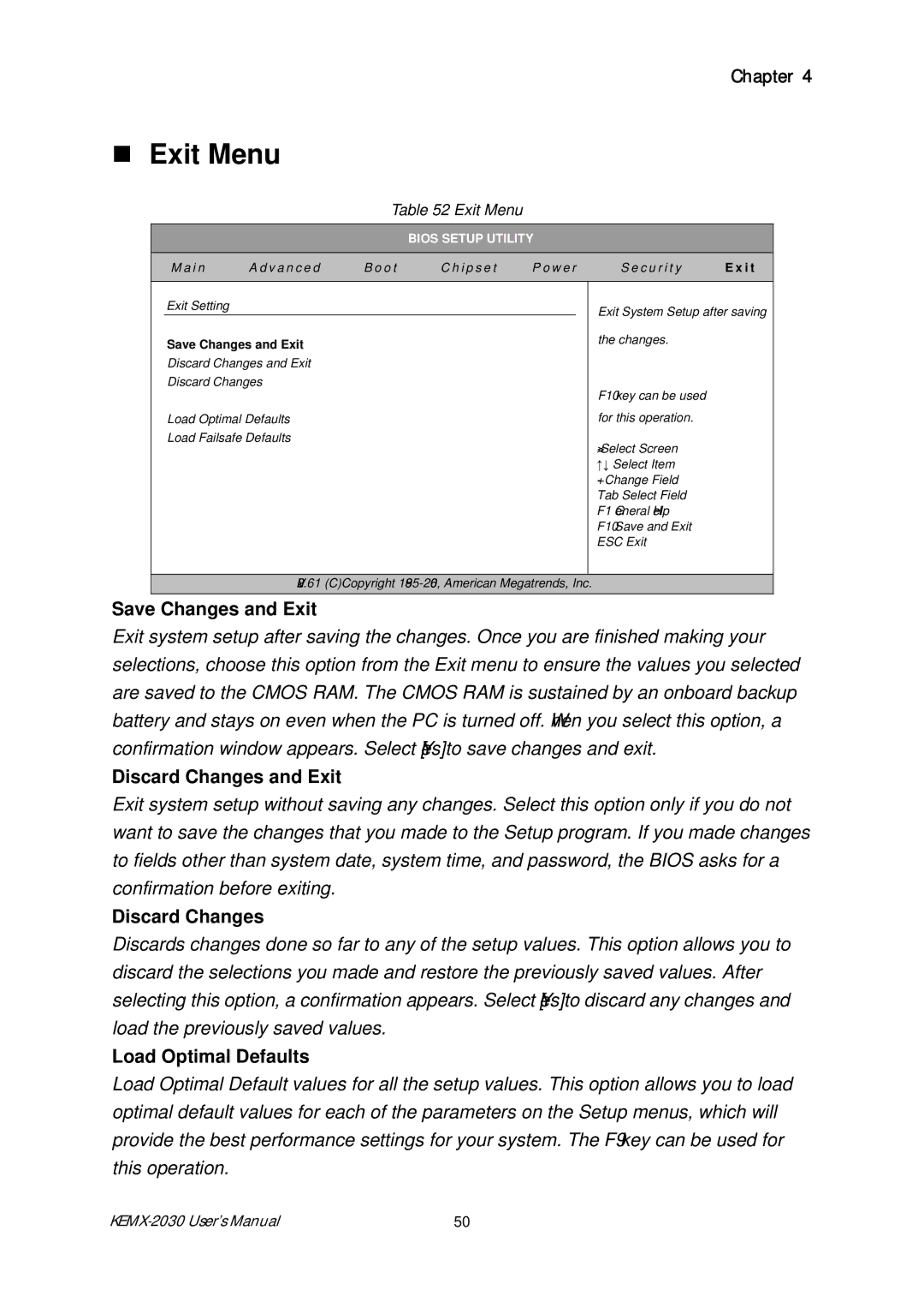 Intel KEMX-2030 user manual „ Exit Menu, Save Changes and Exit, Discard Changes and Exit, Load Optimal Defaults 