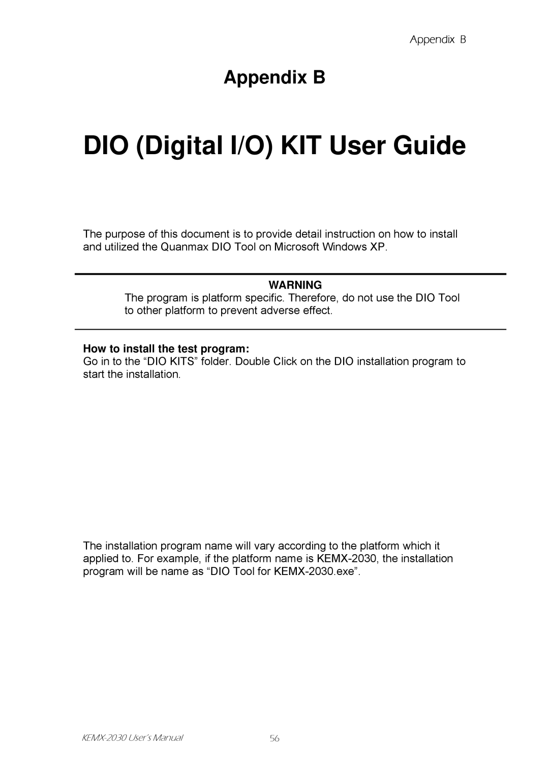 Intel KEMX-2030 user manual DIO Digital I/O KIT User Guide, How to install the test program 