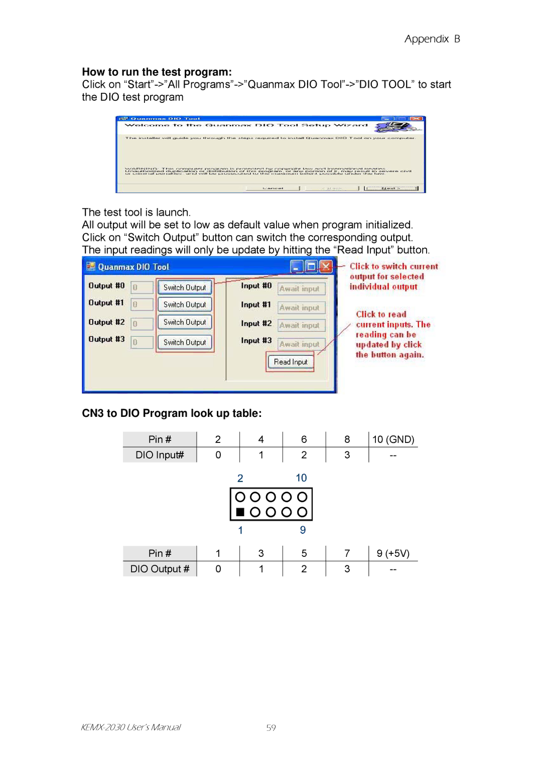 Intel KEMX-2030 user manual How to run the test program, CN3 to DIO Program look up table 