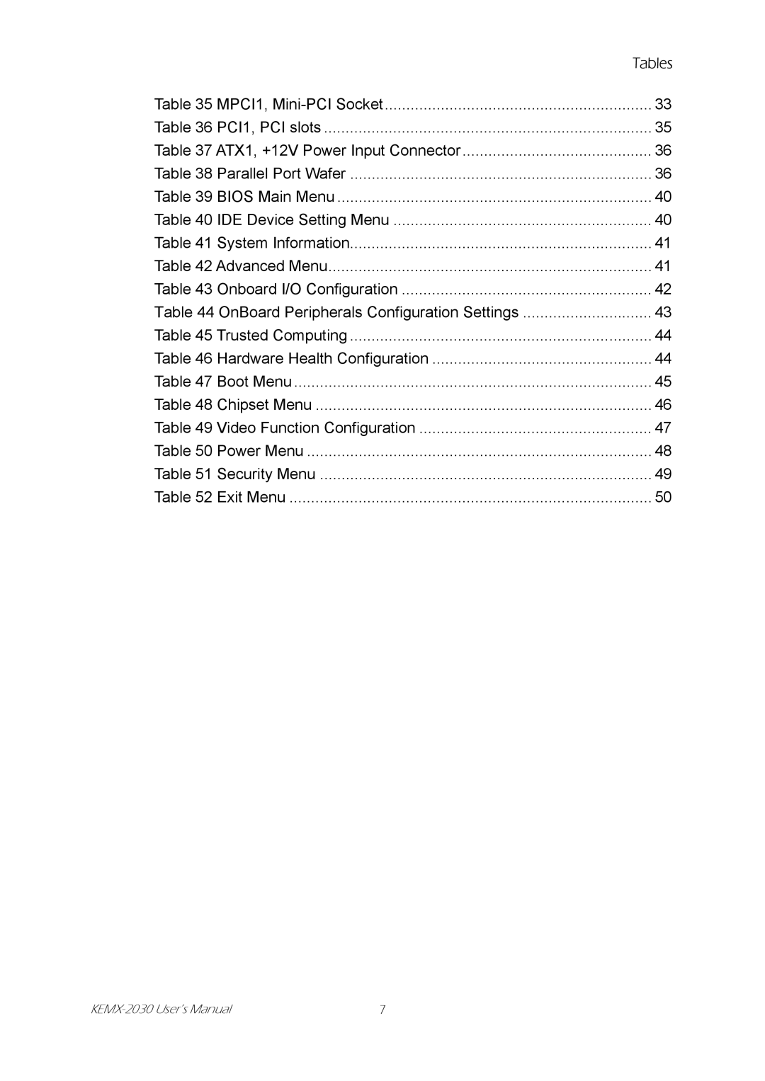 Intel KEMX-2030 user manual Tables 