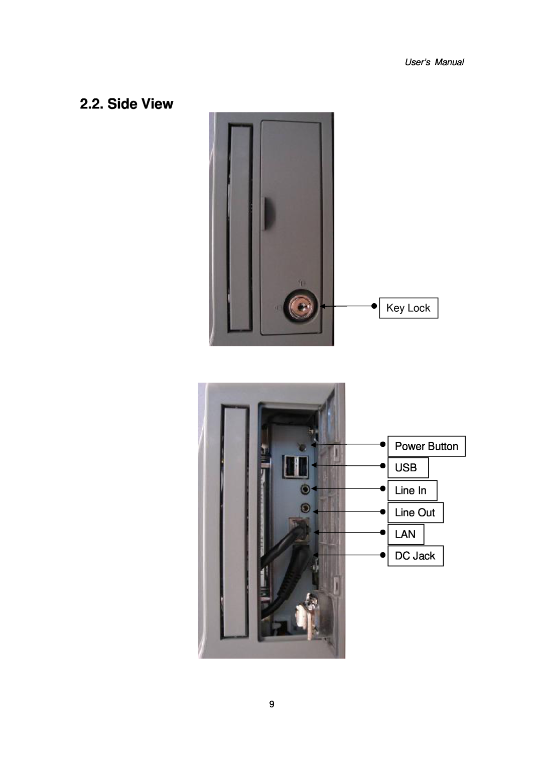 Intel Kiosk Hardware System, 48201201 Side View, Key Lock Power Button USB Line In Line Out LAN, DC Jack, User’s Manual 