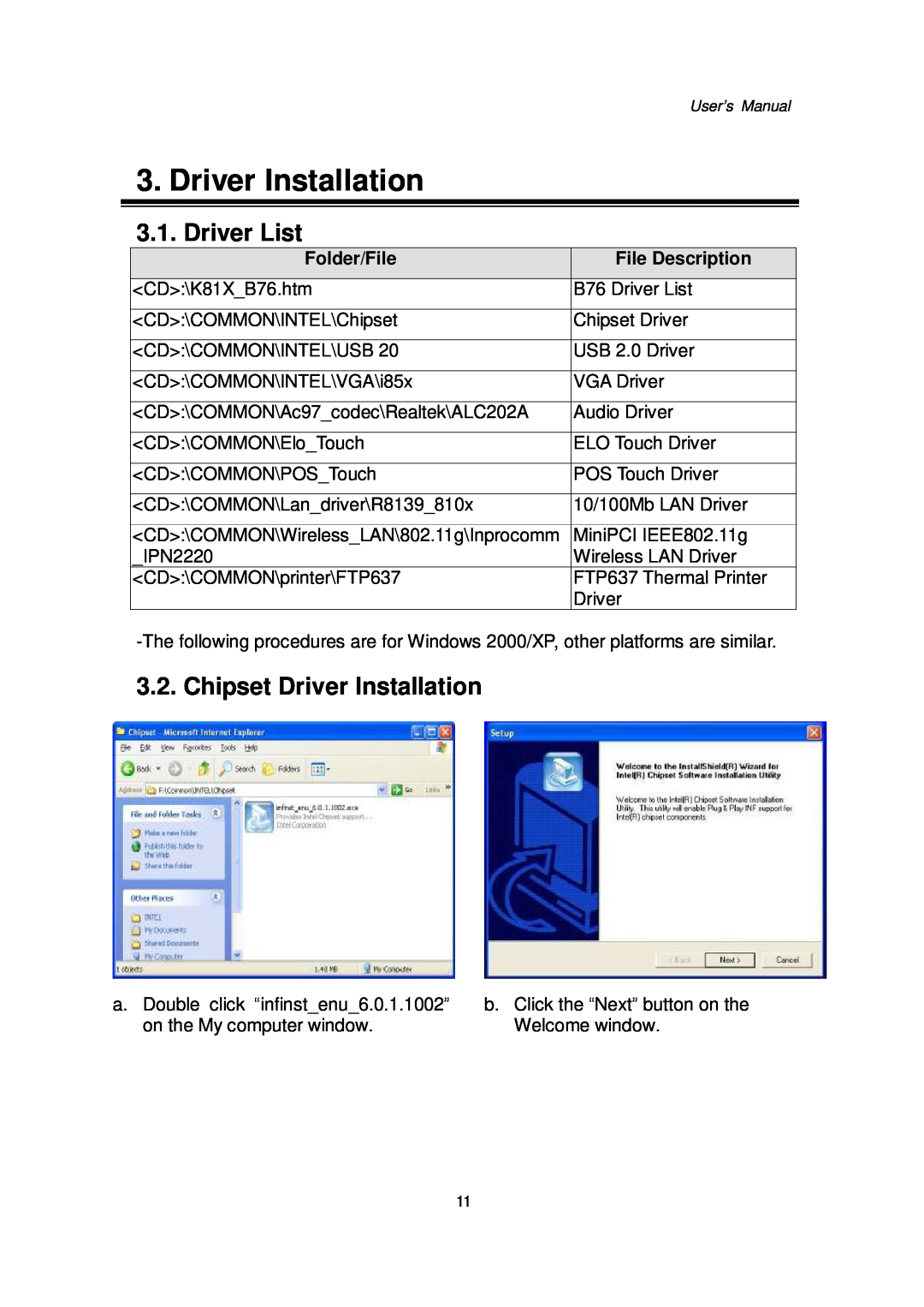 Intel Kiosk Hardware System, 48201201 Driver List, Chipset Driver Installation, Folder/File, File Description 