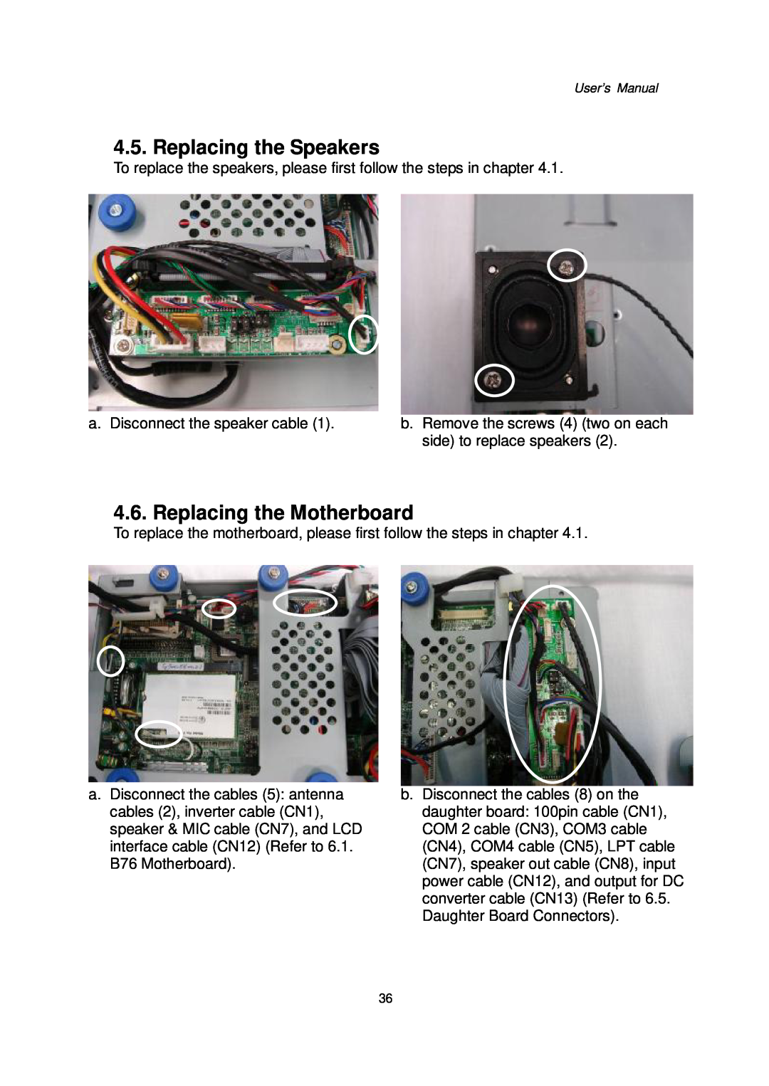 Intel 48201201, Kiosk Hardware System user manual Replacing the Speakers, Replacing the Motherboard 