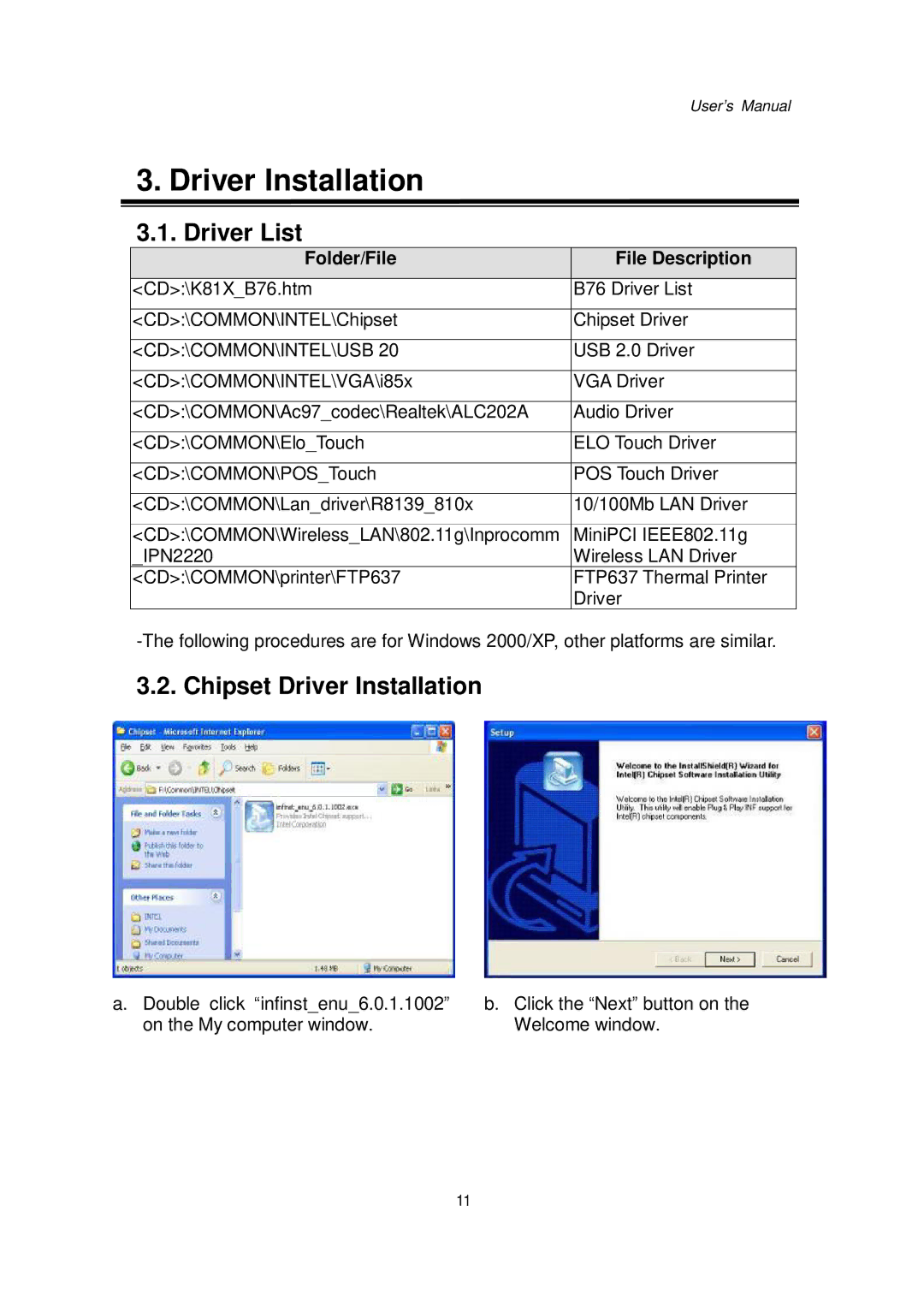 Intel Kiosk Hardware System, 48201201 user manual Driver List, Chipset Driver Installation, Folder/File File Description 