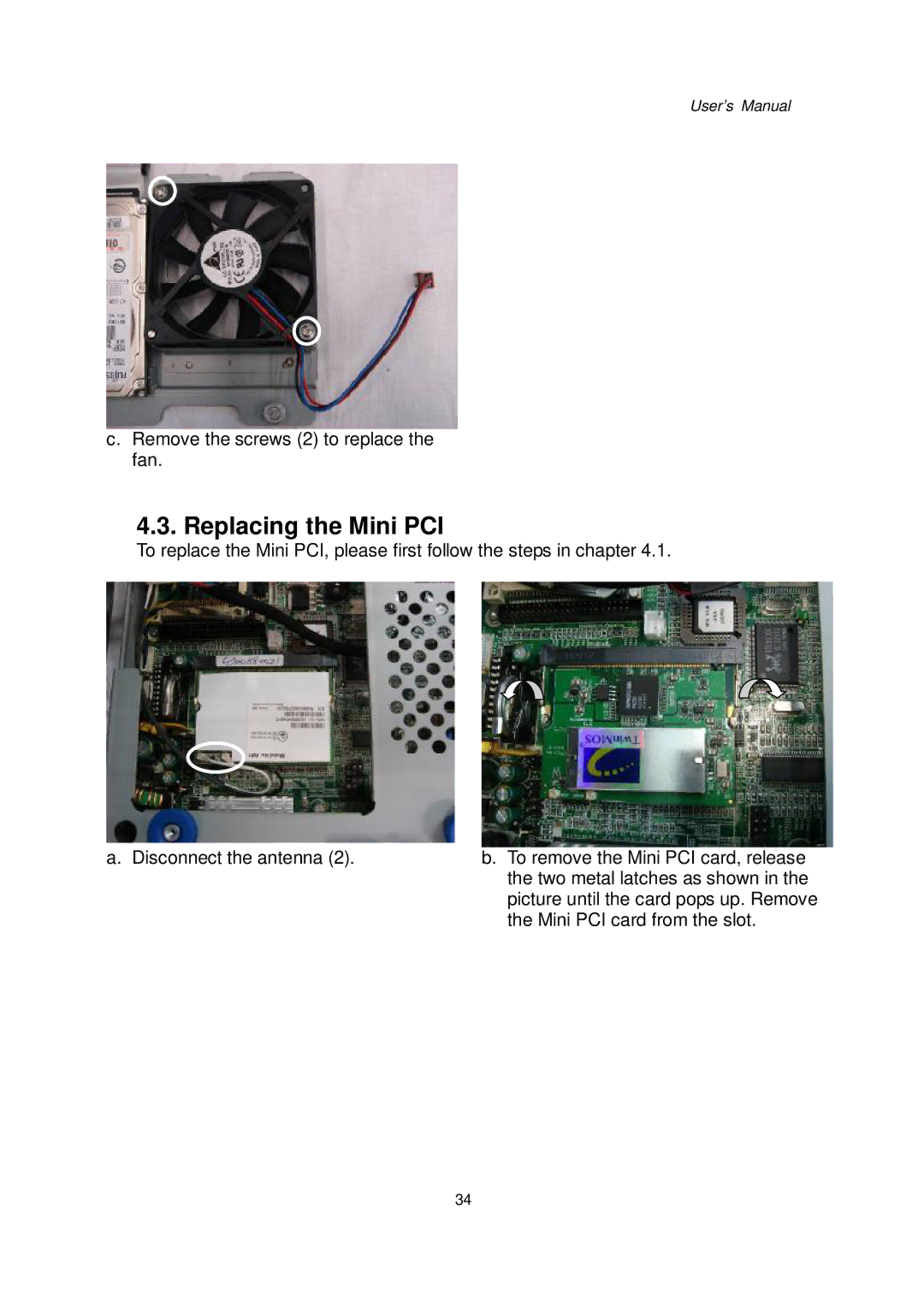 Intel 48201201, Kiosk Hardware System user manual Replacing the Mini PCI 