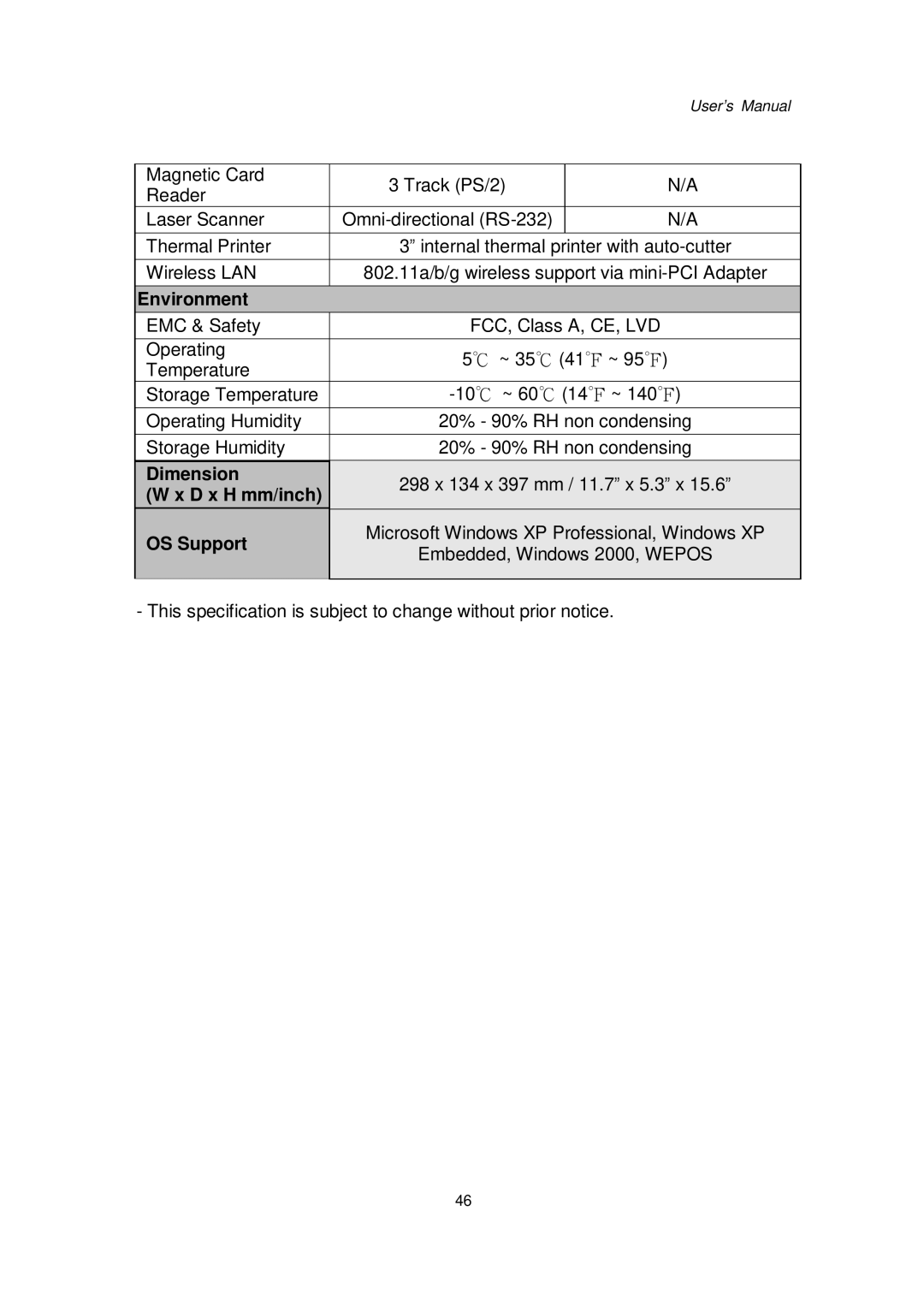 Intel 48201201, Kiosk Hardware System user manual Environment, Dimension, D x H mm/inch, OS Support 