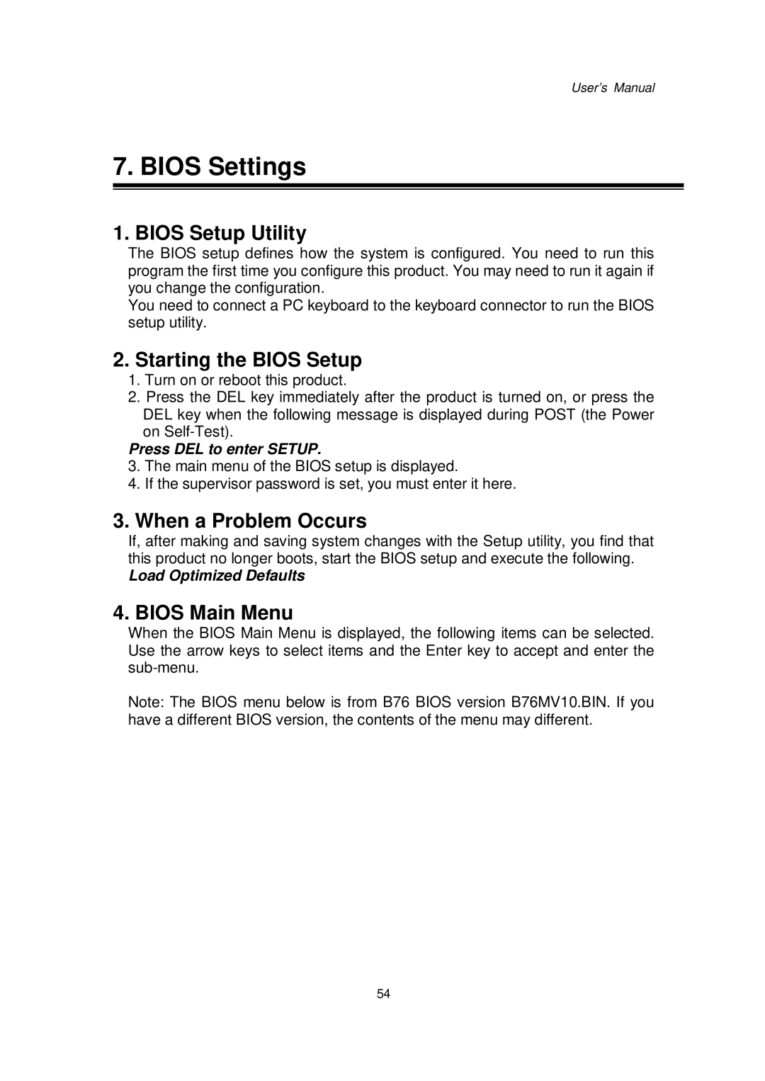 Intel 48201201 Bios Settings, Bios Setup Utility, Starting the Bios Setup, When a Problem Occurs, Bios Main Menu 