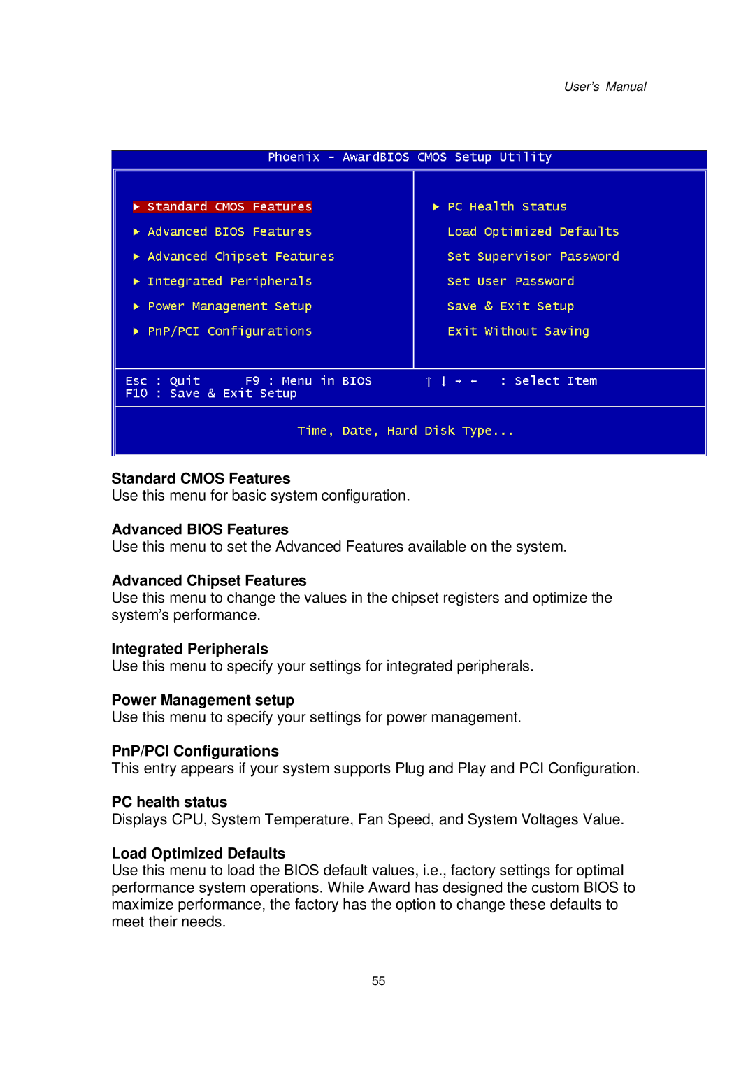 Intel Kiosk Hardware System Standard Cmos Features, Advanced Bios Features, Advanced Chipset Features, PC health status 