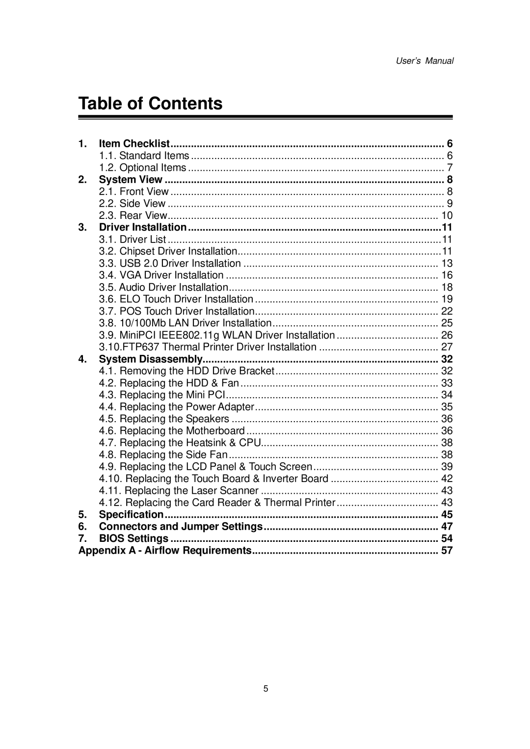 Intel Kiosk Hardware System, 48201201 user manual Table of Contents 