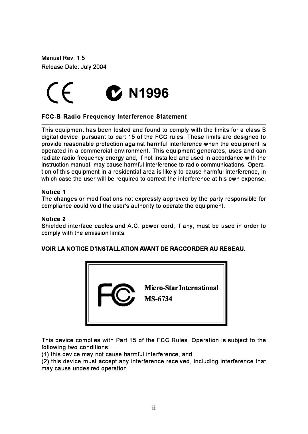 Intel KM4M, KM4AM, G52-M6734XD manual Micro-Star International MS-6734, FCC-B Radio Frequency Interference Statement 