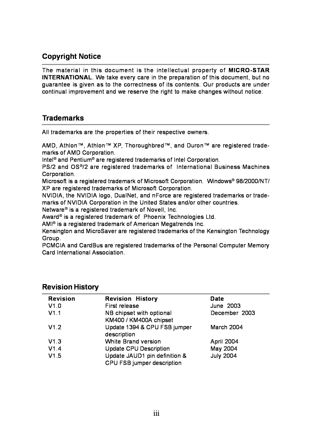 Intel G52-M6734XD, KM4M, KM4AM, MS-6734 manual Copyright Notice, Trademarks, Revision History, Date 