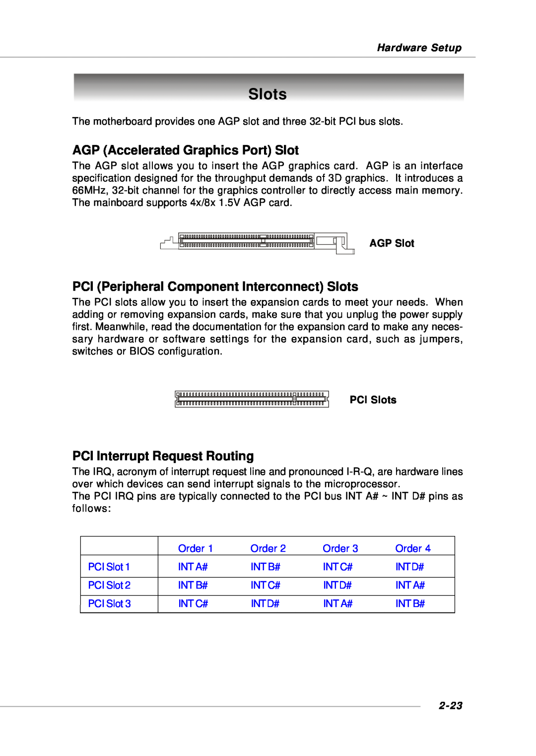 Intel KM4AM AGP Accelerated Graphics Port Slot, PCI Peripheral Component Interconnect Slots, AGP Slot, PCI Slots, 2-23 