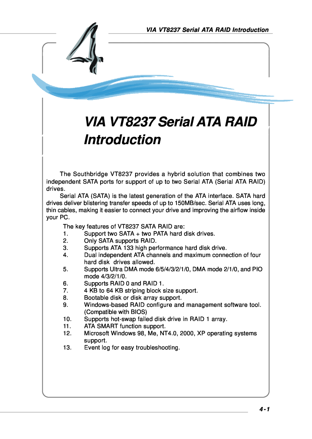 Intel KM4M, KM4AM, MS-6734, G52-M6734XD manual VIA VT8237 Serial ATA RAID Introduction, Audio Function 
