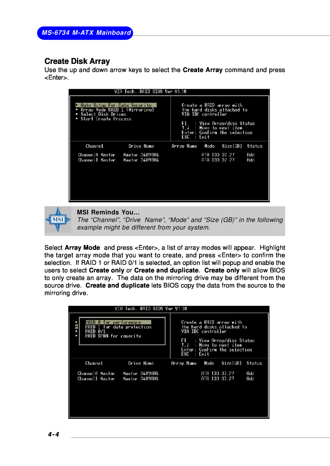 Intel G52-M6734XD, KM4M, KM4AM manual Create Disk Array, MS-6734 M-ATX Mainboard, MSI Reminds You 