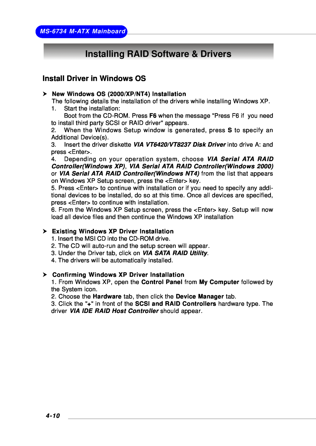 Intel KM4AM Installing RAID Software & Drivers, Install Driver in Windows OS, h New Windows OS 2000/XP/NT4 Installation 