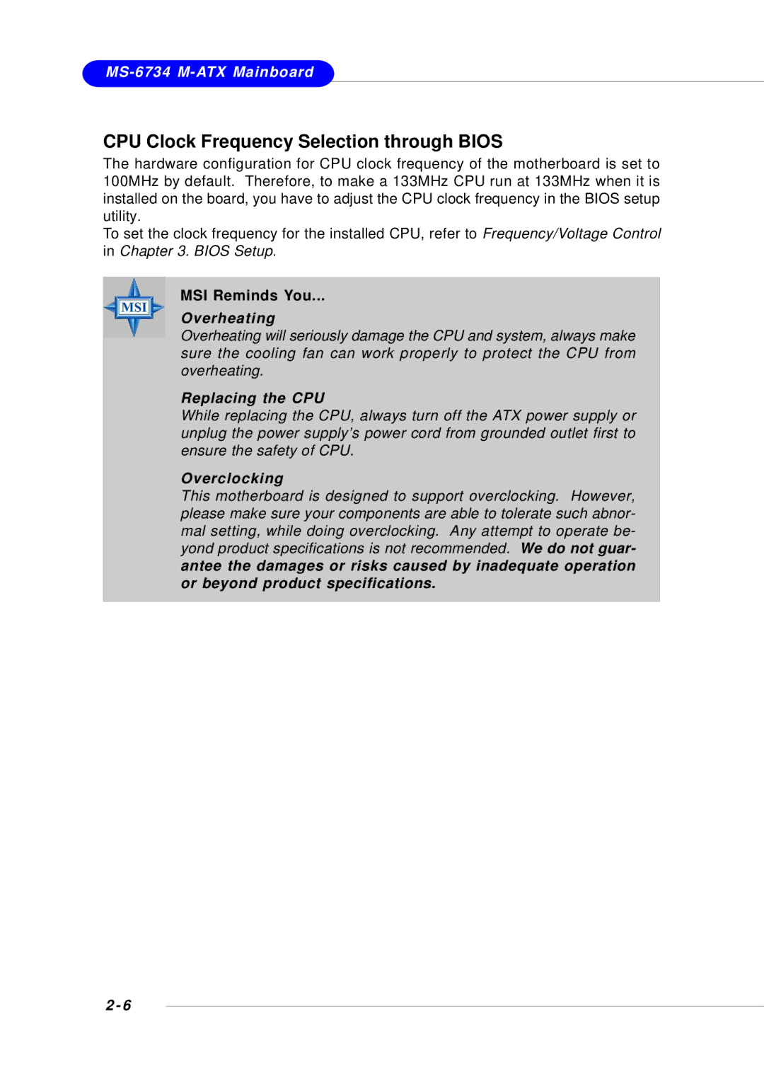 Intel KM4M, KM4AM, MS-6734, G52-M6734XD manual CPU Clock Frequency Selection through Bios, Overheating 