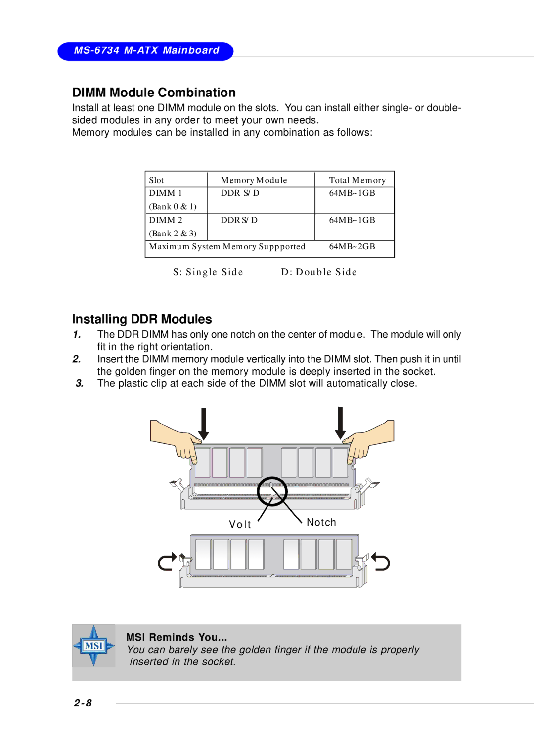 Intel MS-6734, KM4M, KM4AM, G52-M6734XD manual Dimm Module Combination, Installing DDR Modules 