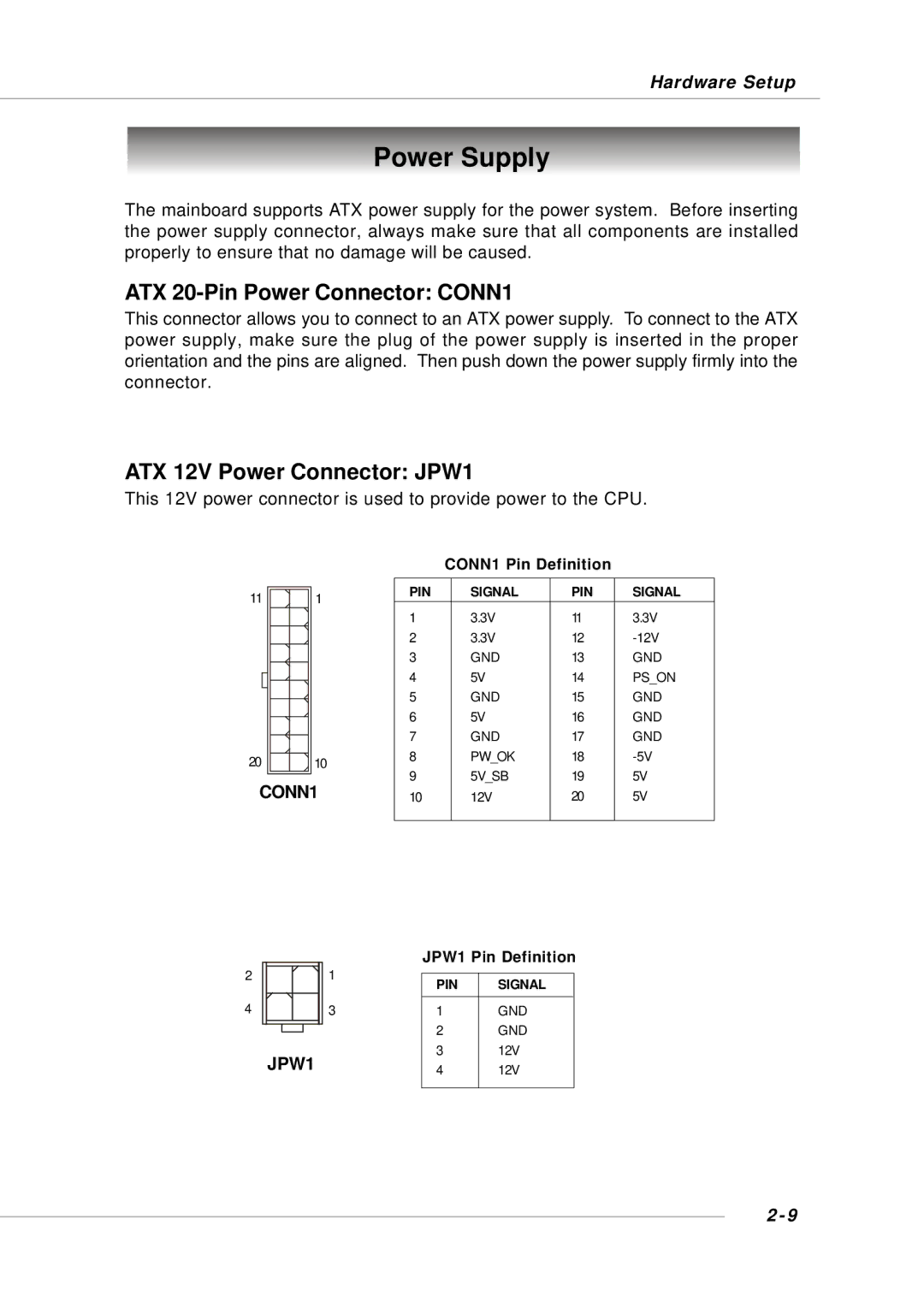 Intel G52-M6734XD, KM4M, KM4AM, MS-6734 manual Power Supply, ATX 20-Pin Power Connector CONN1, ATX 12V Power Connector JPW1 