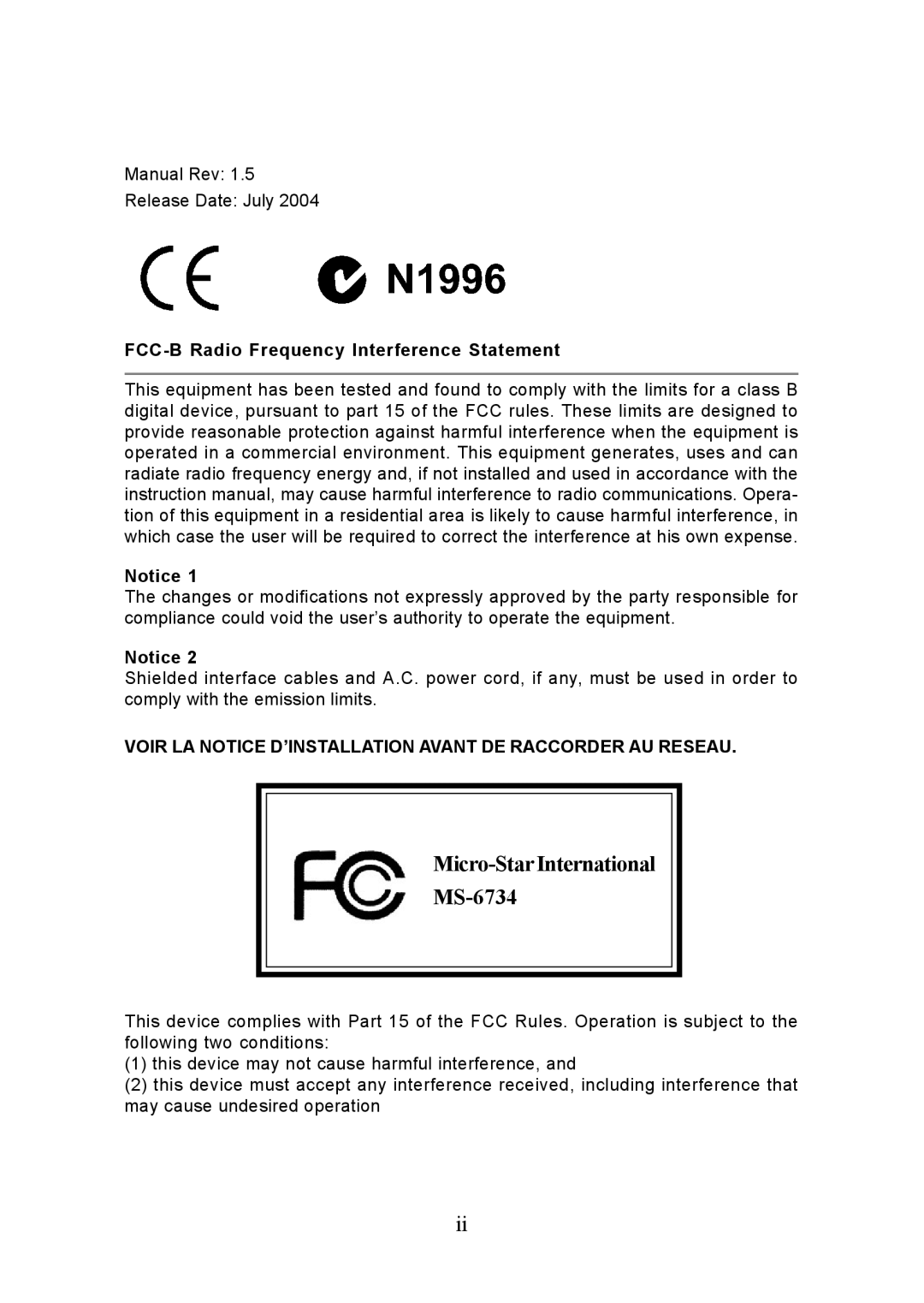 Intel MS-6734 FCC-B Radio Frequency Interference Statement, Voir LA Notice D’INSTALLATION Avant DE Raccorder AU Reseau 