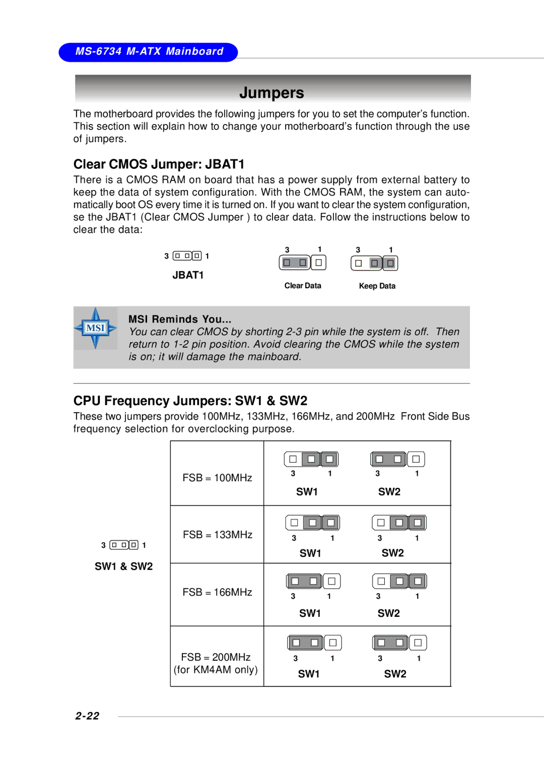 Intel KM4M, KM4AM, MS-6734, G52-M6734XD manual Clear Cmos Jumper JBAT1, CPU Frequency Jumpers SW1 & SW2, SW1 SW2 