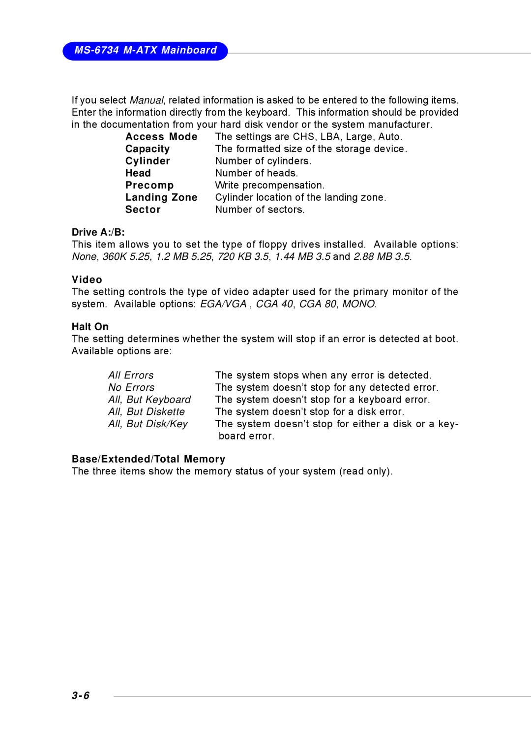 Intel G52-M6734XD, KM4M, KM4AM, MS-6734 manual Video, Halt On, Base/Extended/Total Memory 