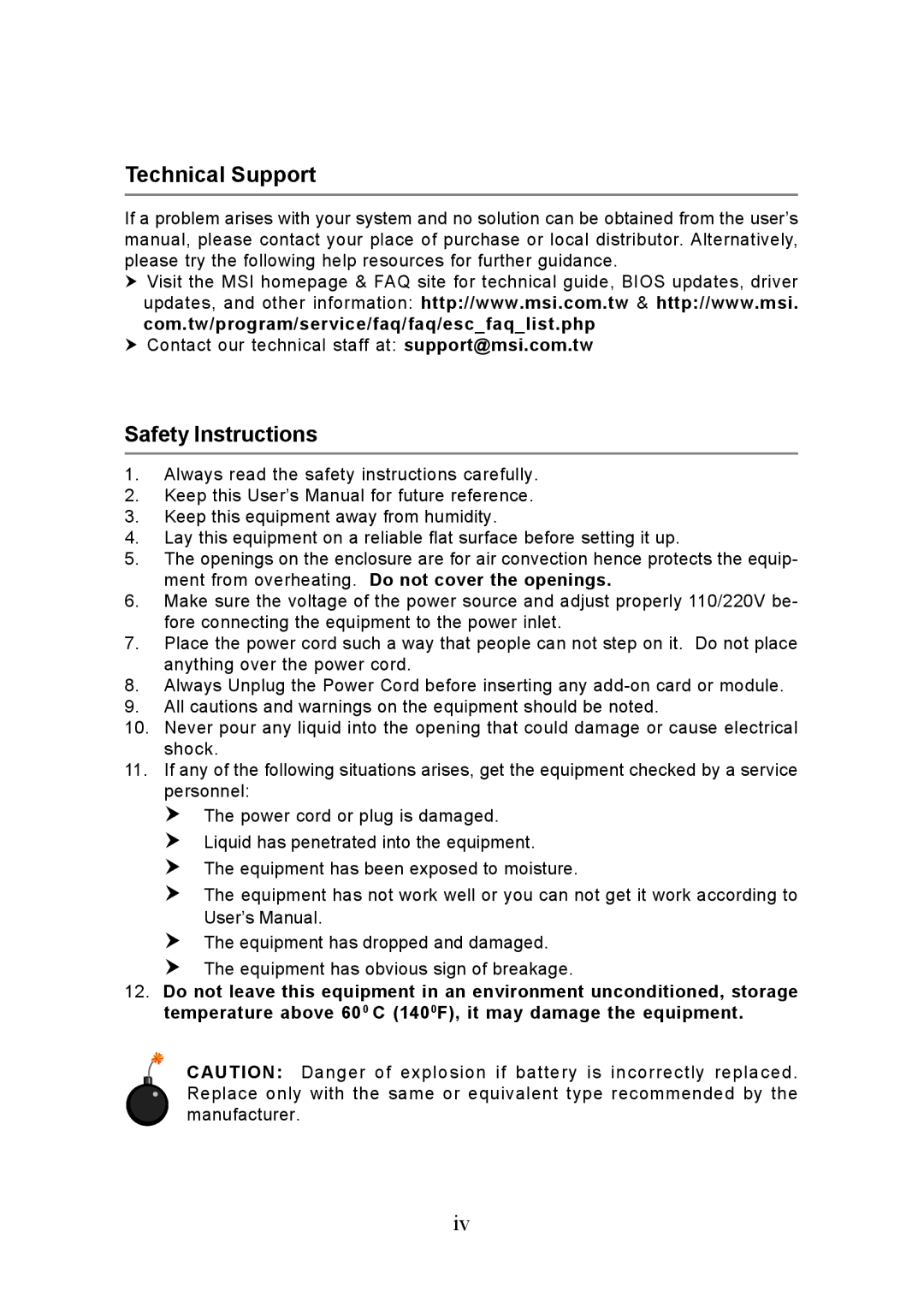 Intel KM4M, KM4AM, MS-6734, G52-M6734XD manual Technical Support, Safety Instructions 