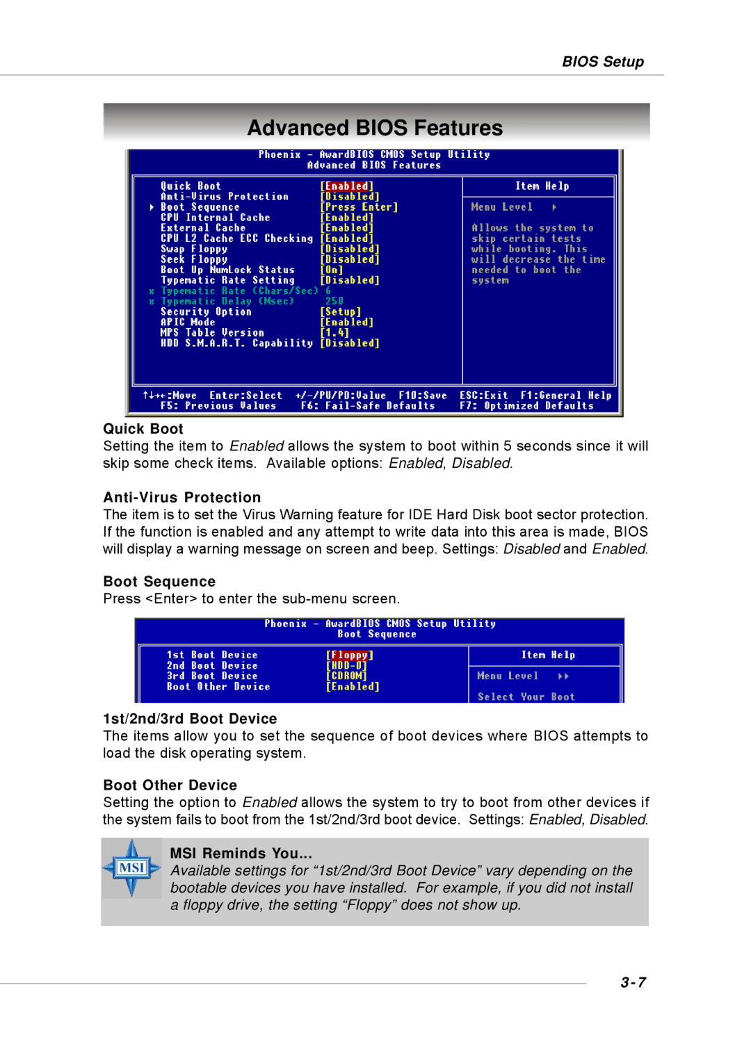 Intel KM4M, KM4AM, MS-6734, G52-M6734XD manual Advanced Bios Features 