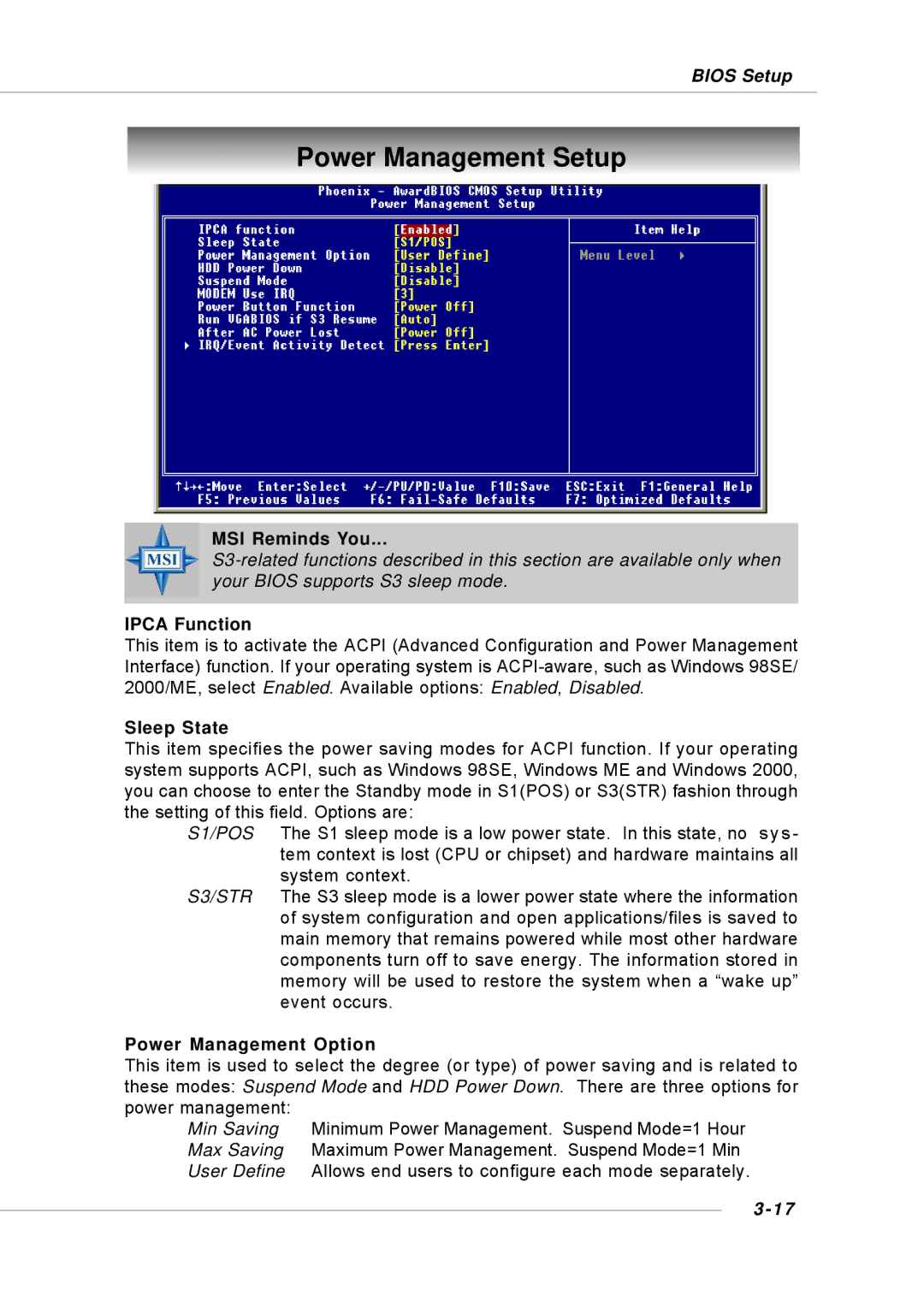 Intel MS-6734, KM4M, KM4AM, G52-M6734XD manual Power Management Setup, Ipca Function, Sleep State, Power Management Option 