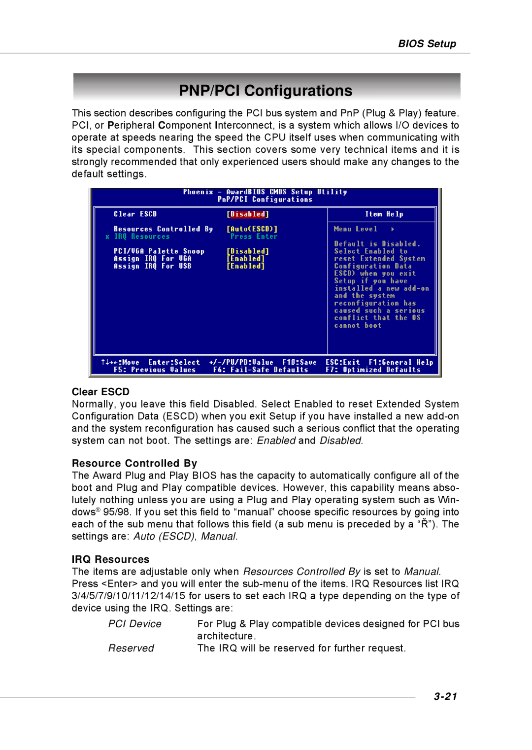 Intel MS-6734, KM4M, KM4AM, G52-M6734XD manual PNP/PCI Configurations, Clear Escd, Resource Controlled By, IRQ Resources 