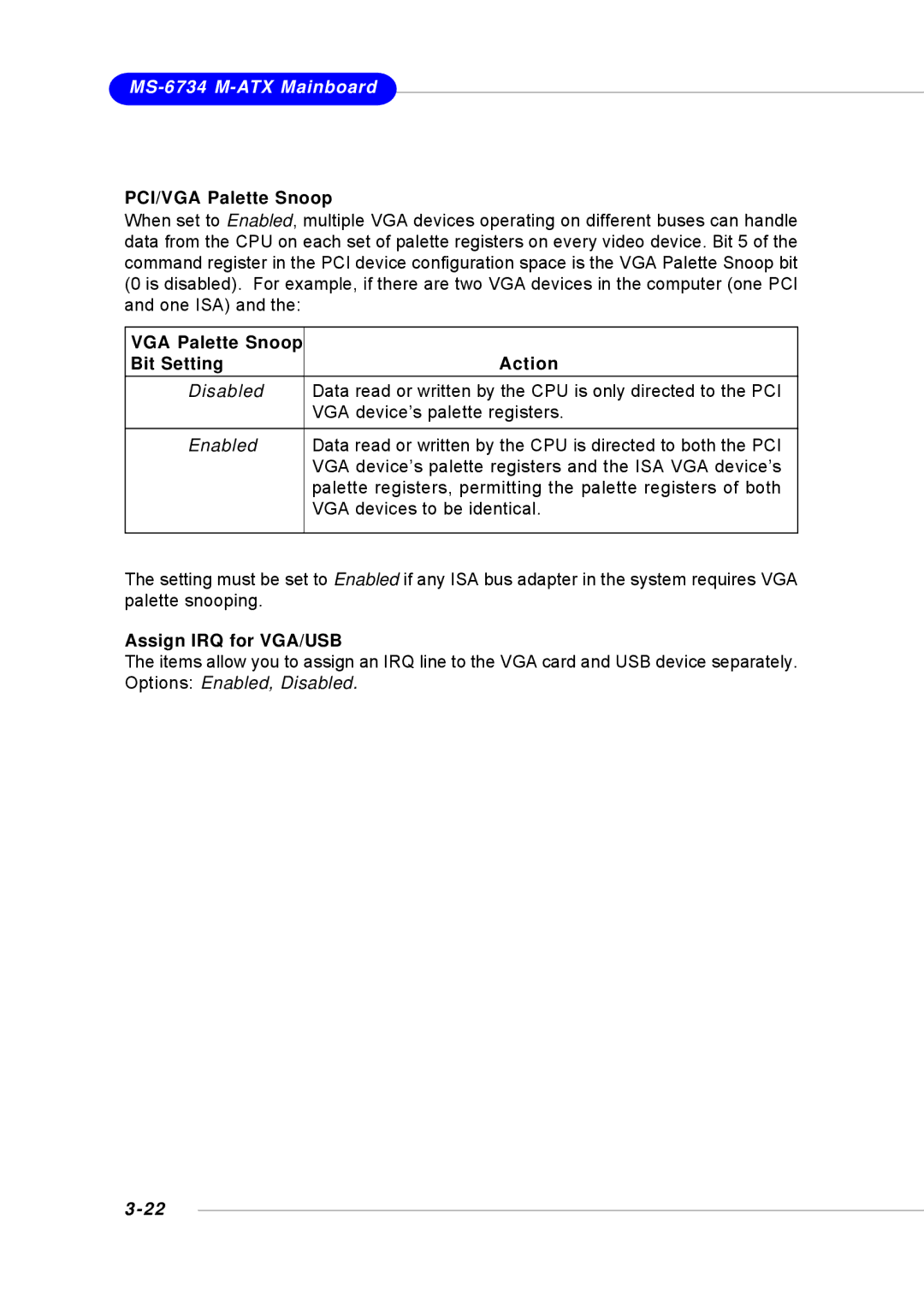 Intel G52-M6734XD, KM4M, KM4AM, MS-6734 manual PCI/VGA Palette Snoop, Assign IRQ for VGA/USB 