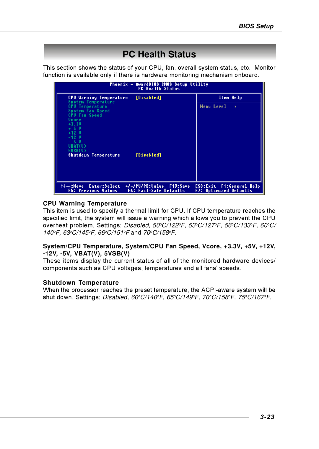 Intel KM4M, KM4AM, MS-6734, G52-M6734XD manual PC Health Status, CPU Warning Temperature, Shutdown Temperature 