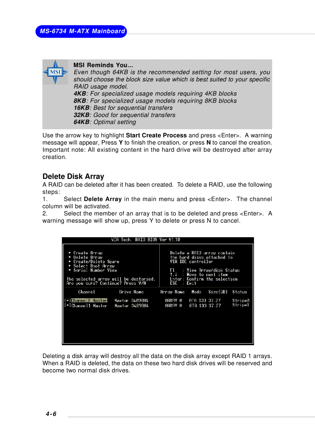 Intel KM4AM, KM4M, MS-6734, G52-M6734XD manual Delete Disk Array 