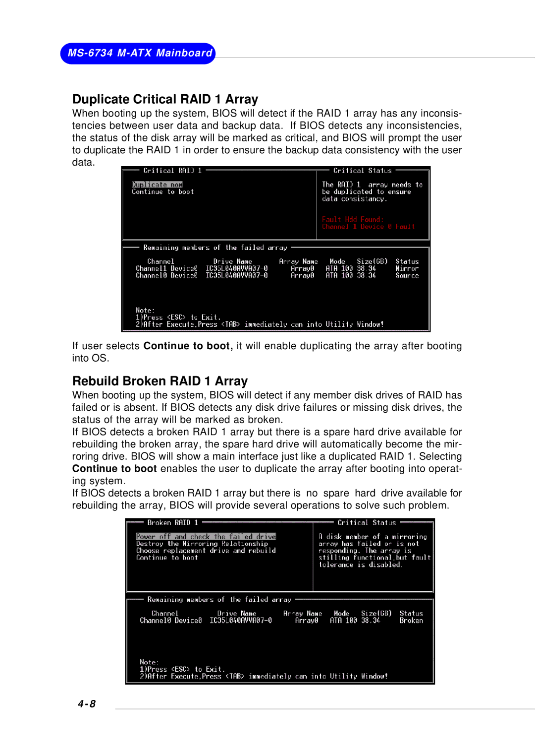 Intel G52-M6734XD, KM4M, KM4AM, MS-6734 manual Duplicate Critical RAID 1 Array, Rebuild Broken RAID 1 Array 