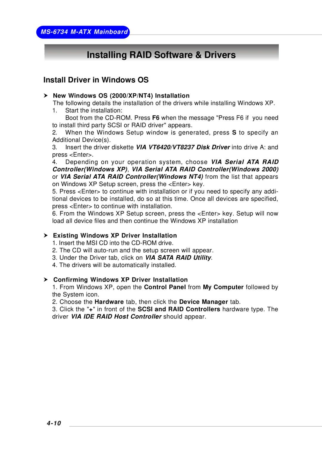 Intel KM4AM Installing RAID Software & Drivers, Install Driver in Windows OS, New Windows OS 2000/XP/NT4 Installation 