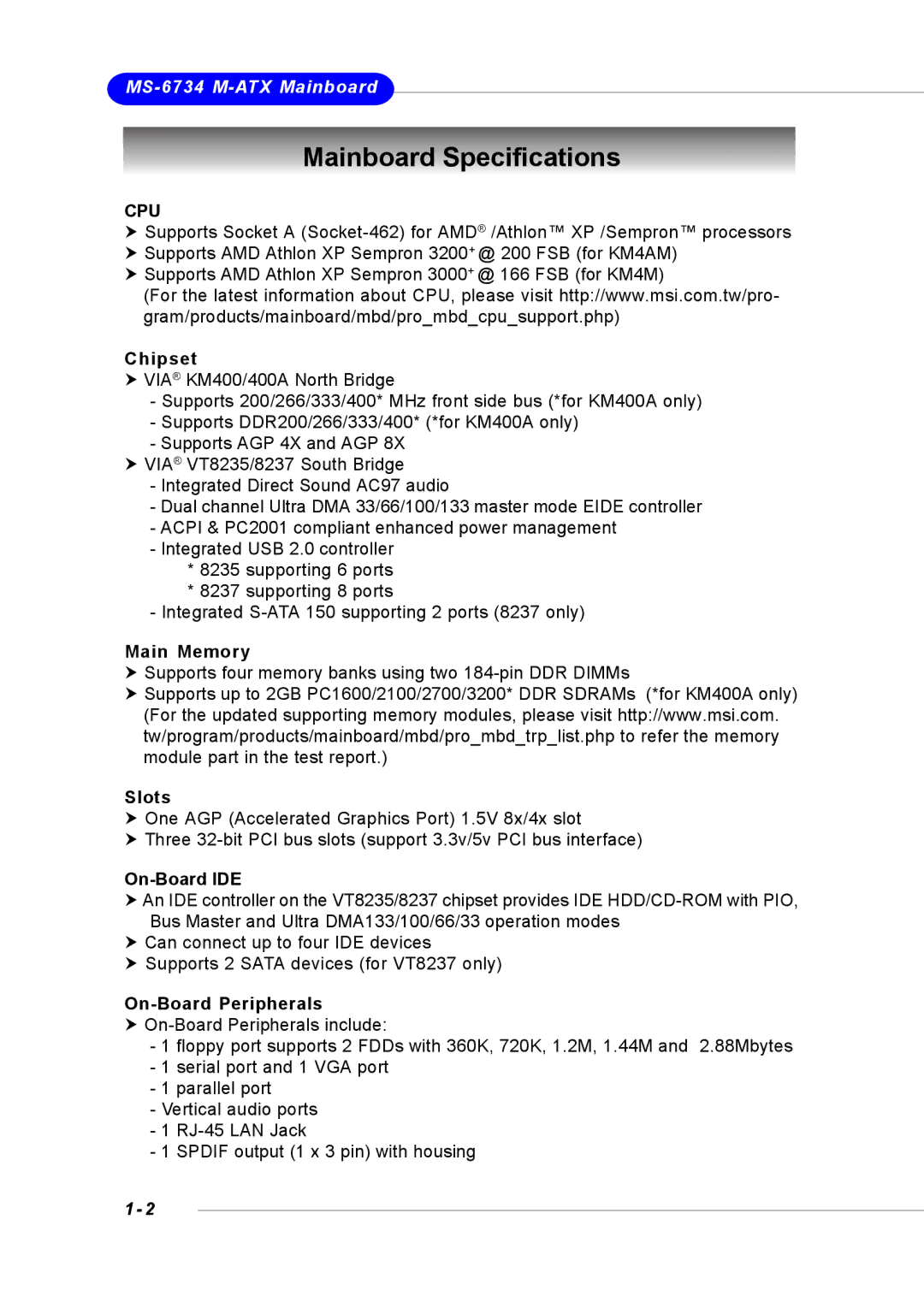 Intel KM4M, KM4AM, MS-6734, G52-M6734XD manual Mainboard Specifications, Cpu 