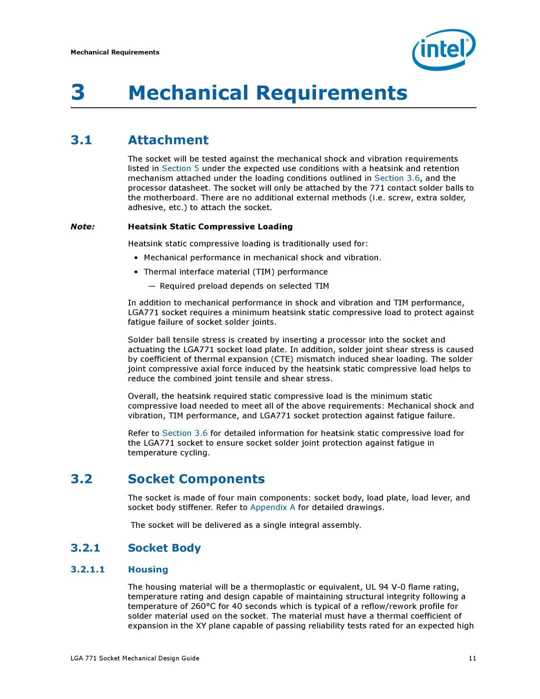 Intel LGA 771 manual Mechanical Requirements, Attachment, Socket Components 