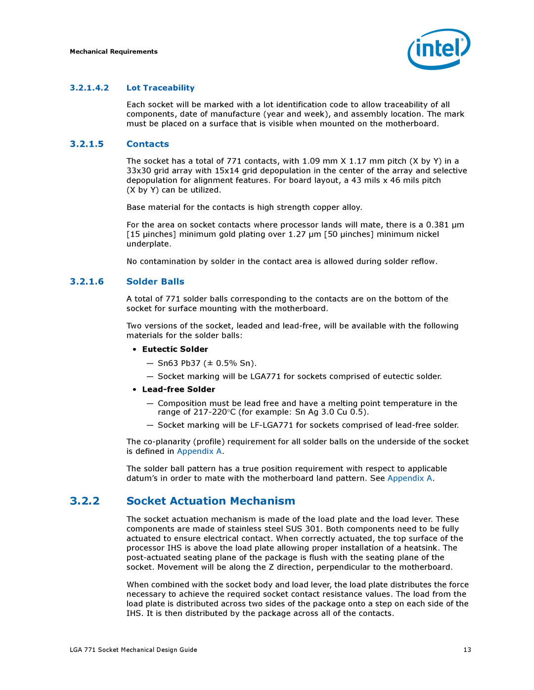 Intel LGA 771 manual Contacts, Lot Traceability 