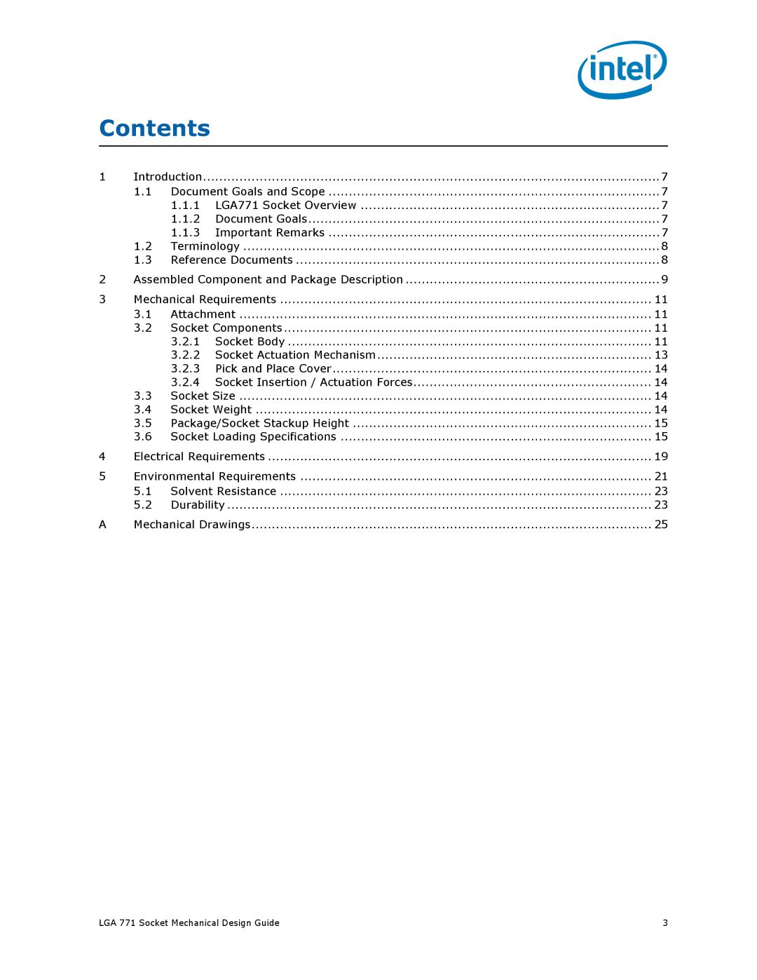 Intel LGA 771 manual Contents 