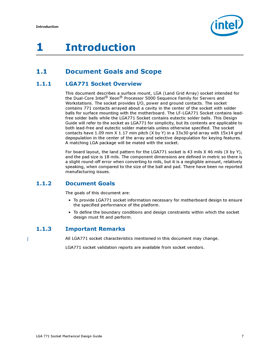 Intel LGA 771 manual Introduction, Document Goals and Scope 